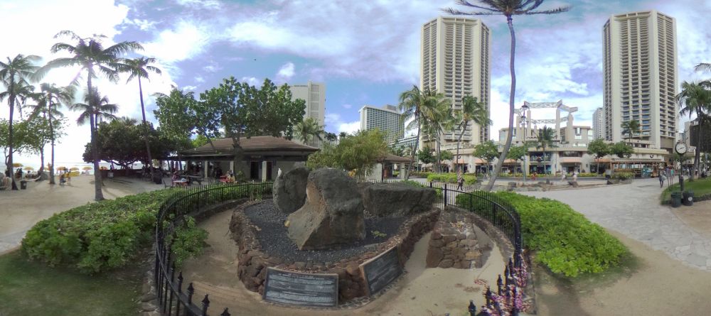 Panorama of Wizard Stones with Waikiki beach in the background