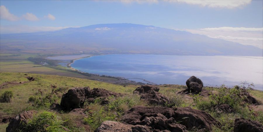 View towards Maalaea harbor, Haleakala and South Maui from the Lahaina Pali Trail