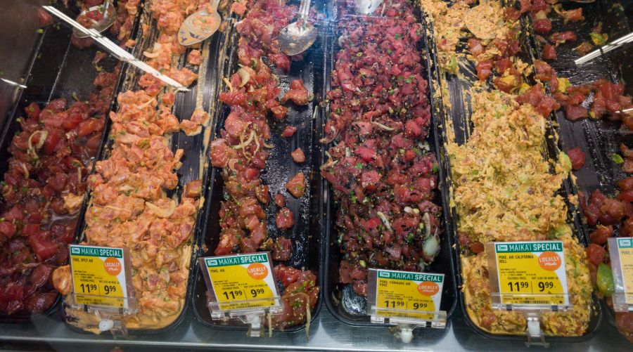 Most Hawaii supermarkets have from 7 to 15 kinds of poke, tossed with umami-packed sauces.