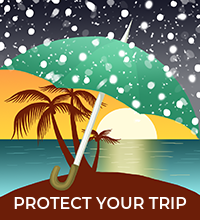 Travel Insurance for Vacation Rentals - an illustration of an umbrella, protecting tropical landscape from snow