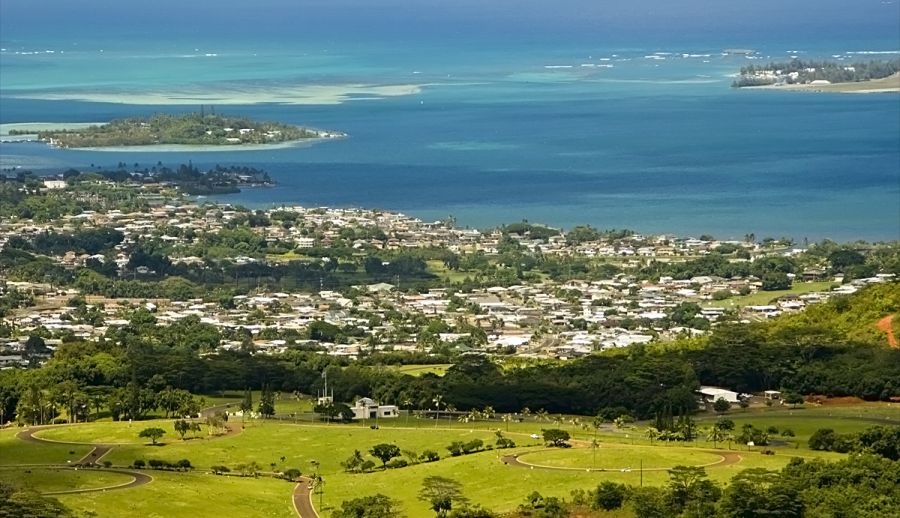 A view of Kaneohe city, and a bit of He'eia, and the Coconut Island, on the east side of Oahu, Hawaii. Jurassic World Fallen Kingdom’s jungle scenes were shot at He’eia State Park.
