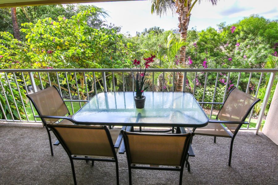 Peaceful garden view from the lanai of condo 7-254 in Kihei Kai Nani.