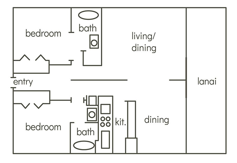 A floor plan of 2-bedroom, 2-bathroom condo in Sugar Beach Resort, Maui