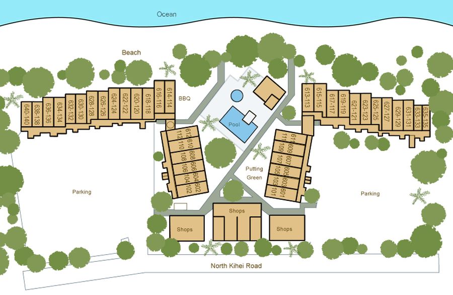 A plan of Sugar Beach Resort, showing locations of all buildings and facilities