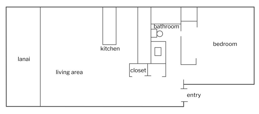 A floor plan of 1-bedroom, 1-bathroom condo in Kihei Kai Nani Resort, Maui