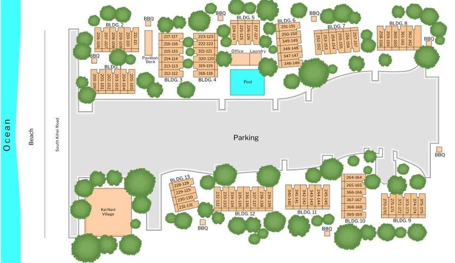 A plan of Kihei Kai Nani Resort, showing locations of all buildings and facilities