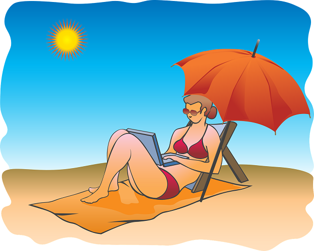 Freelance in Hawaii - a woman in a swim suit on the beach under an umbrella, working on her laptop