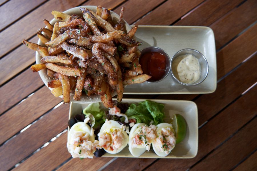 Monkeypod Kitchen in Wailea - Garlic Truffle Oil Fries and Lobster Devilled Eggs.