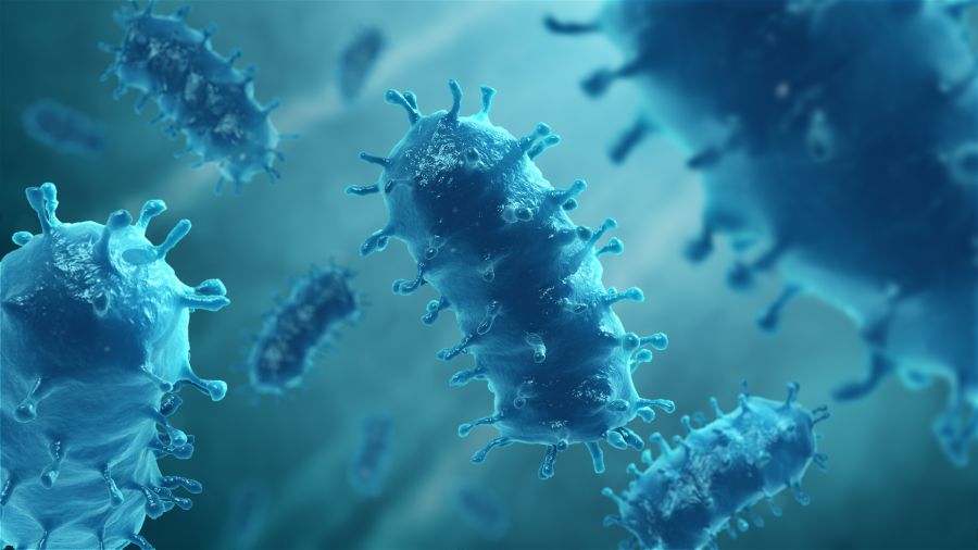 3D medical animation still showing rabies virus with length of about 180 nm.