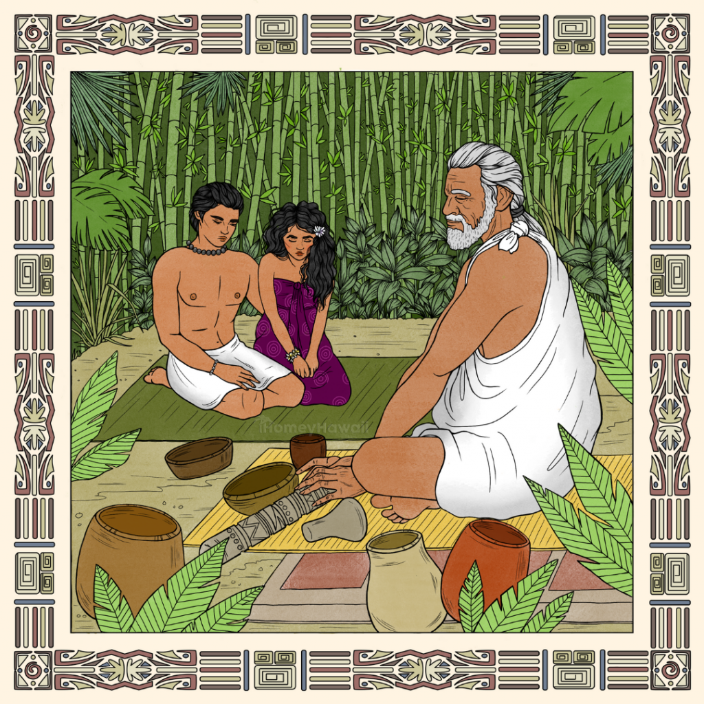 Legend of Naupaka - Naupaka and Kaui meet Kahuna, the high priest.