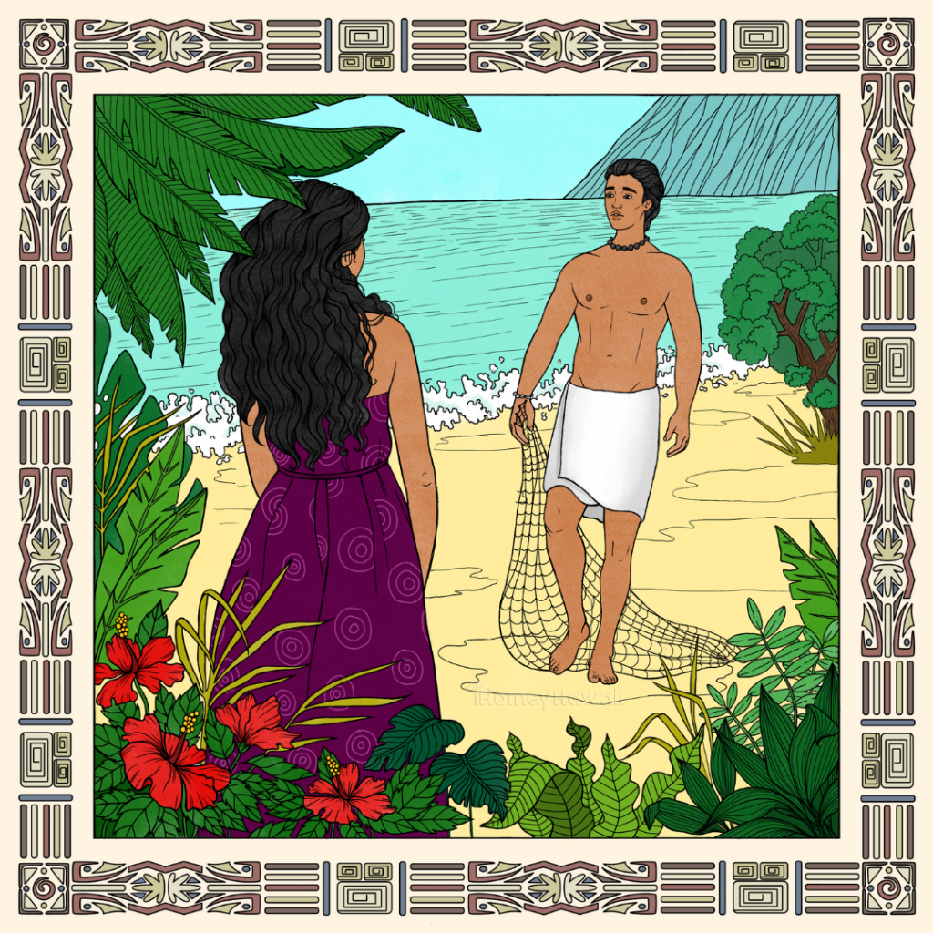 Legend of Naupaka - Princess Naupaka meets fisherman Kaui on the beach.