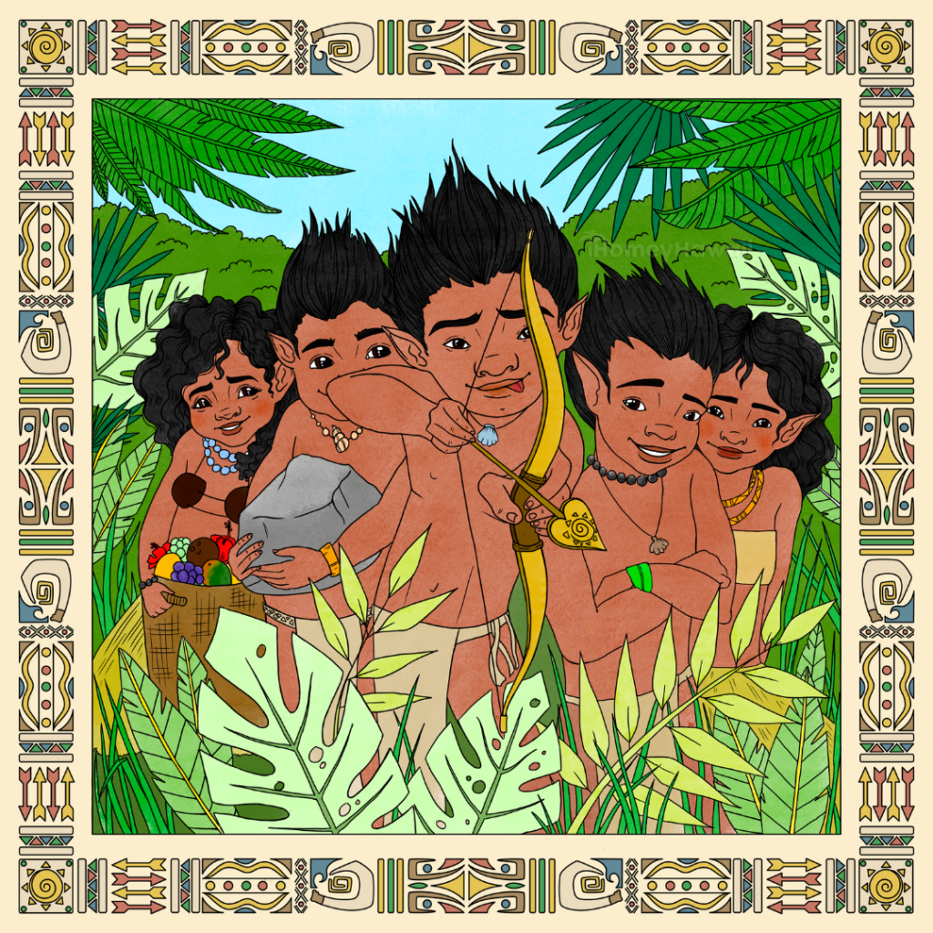 A group of five Hawaiian Menehune. The central Menehune holds a bow with an arrow, like a Cupid.