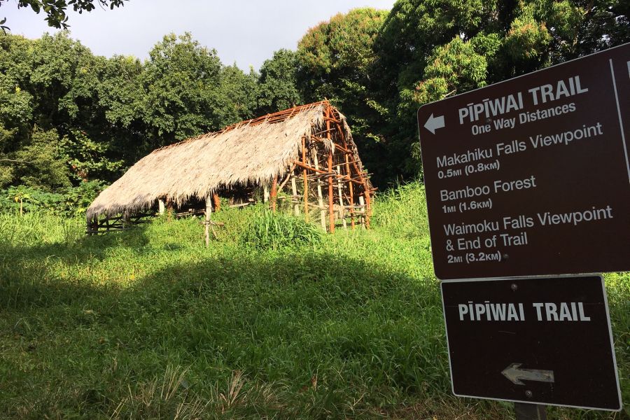 A thatched roof building along the Pipiwai Trail.