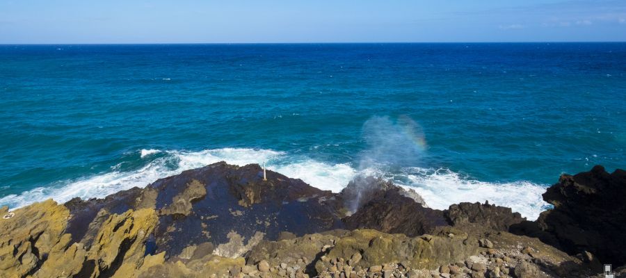 Halona Blowhole is located just off Hanauma Bay at Halona Point. The blowhole sprays ocean water up to thirty feet in the air, making this a geological wonder and naturally a tourist hotspot.