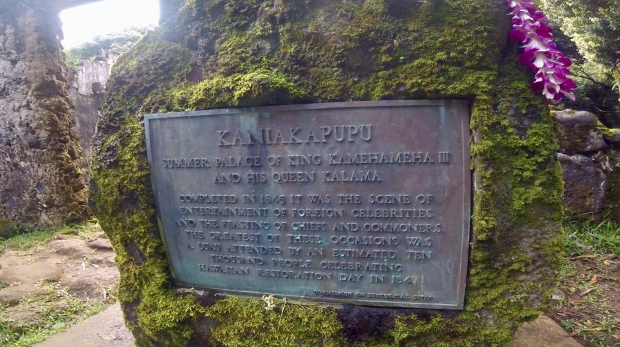 A plate indicating Kaniakapupu, or the summer palace of King Kamehameha III and his queen Kalama. Luakaha Falls Trail, Oahu