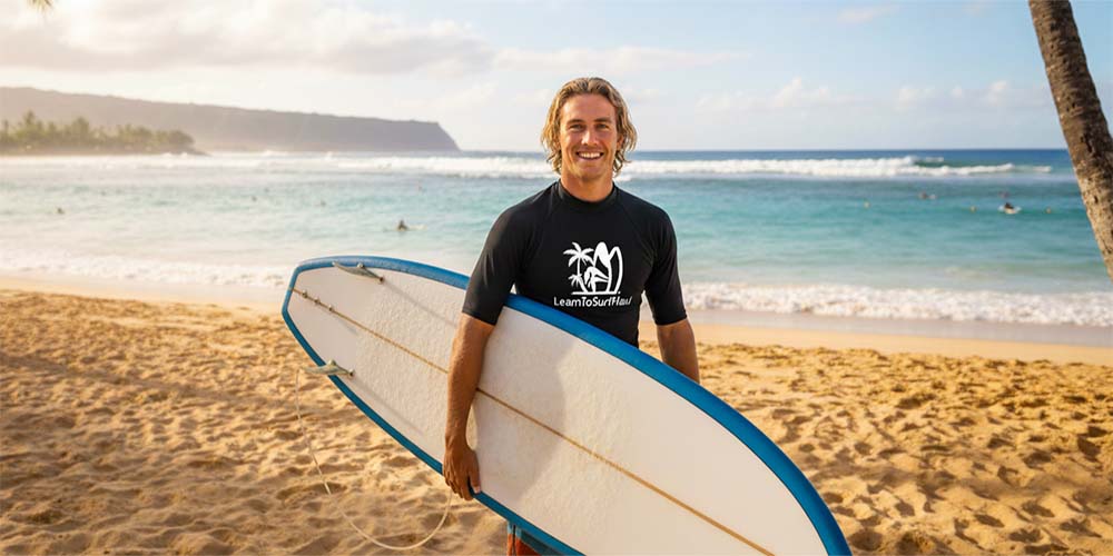 Maui surf instructor smiling with surfboard on the beach