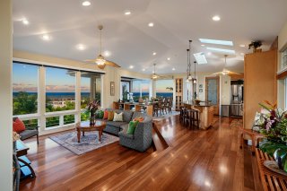 Panoramic Ocean View Luxury Home - Heated Pool, AC, Walk to Beaches: Living room - a place to watch sunrise, panoramic ocean, spot breaching whales